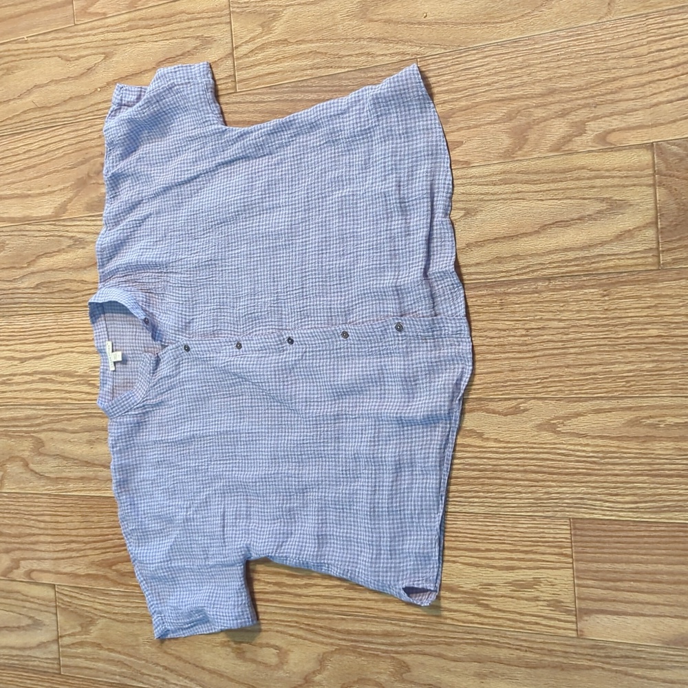 Eileen Fisher purple gingham boxy oversized 100% organic linen button-up shirt L